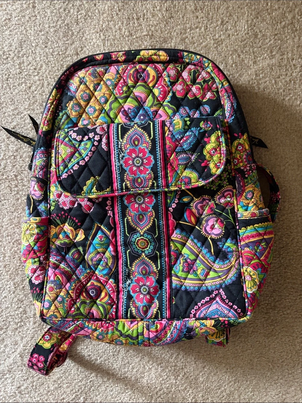 Vera Bradley Black Quilted Backpack with Multicolor Floral Paisley